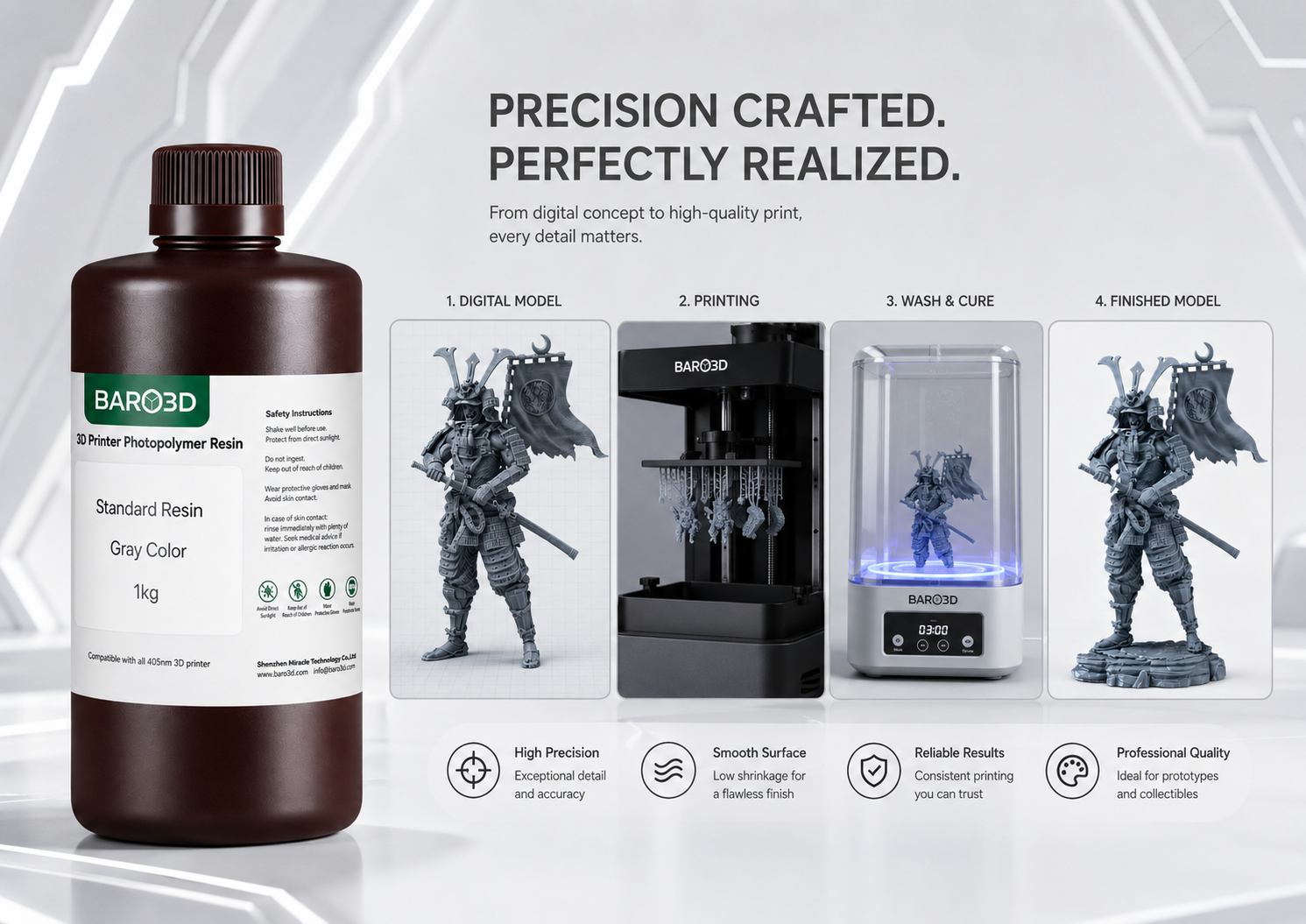 BARO3D Standard Rigid Resin Gray Color 1kg for LCD DLP 3D Printer